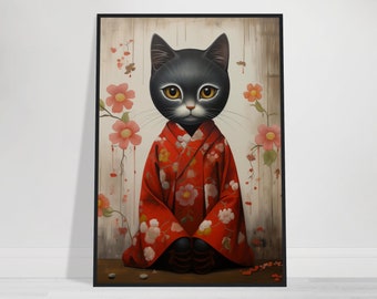 Japanische Katzen-Wandkunst, verspielte Katze im Kimono-Poster, Kindertier-Wandkunst, Kinderkatzenmalerei, japanische Druckkatzenkunst