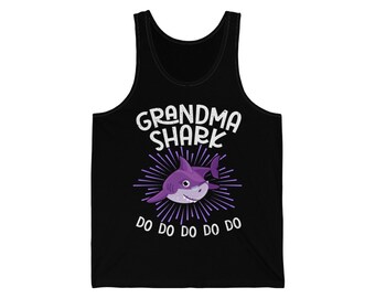 May include: Black tank top with a purple shark graphic and the text "Grandma Shark Do Do Do Do Do".