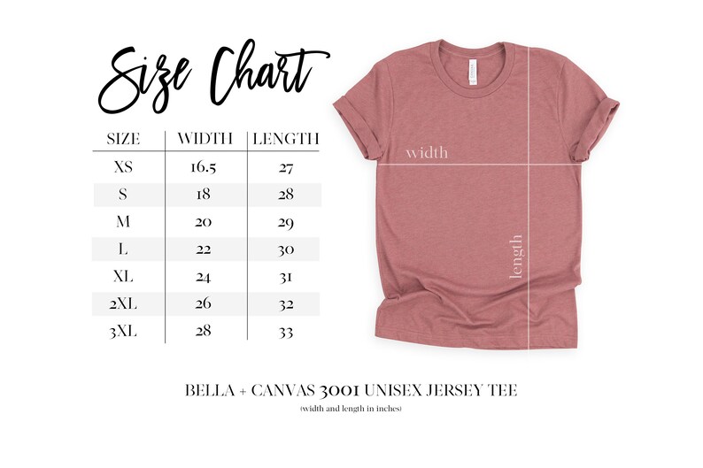 May include: Size chart for a unisex jersey tee, showing width and length measurements in inches for sizes XS to 3XL. The chart is next to a flat lay image of a heather pink t-shirt.