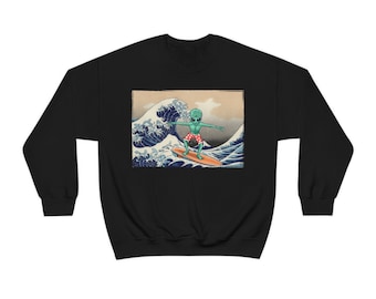 Funny Alien Sweatshirt, Womens Funny Art Sweater, Mens Alien Surfing Sweatshirt, Alien Lover Gifts, Funny Art Apparel