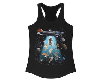 Funny Womens Cat Tank Top, Cat UFO Tank Top, Kitten UFO Tank, Funny Cat Alien Gift, Cats Womens Next Level RacerBack Tank
