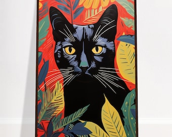 Black Cat Poster, Matisse Styled Print, Colorful Cat Poster, Cat Wall Art, Black Cat Retro Print