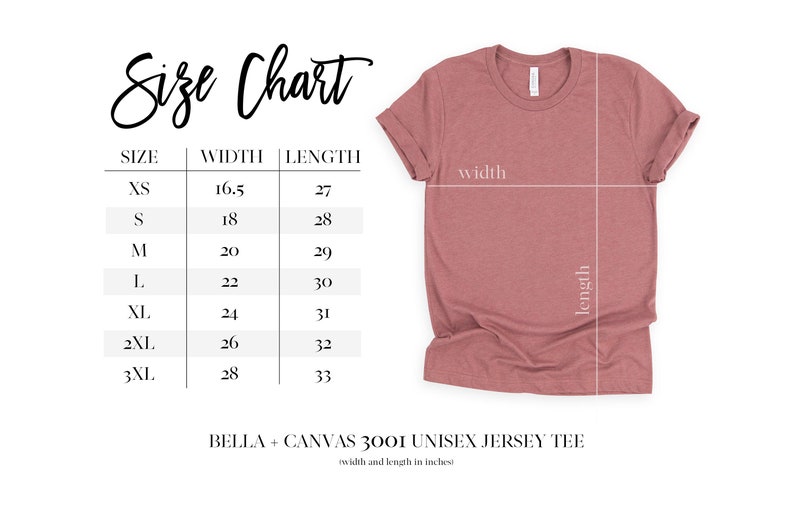 May include: Size chart for a unisex jersey tee, showing width and length measurements in inches for sizes XS to 3XL. The chart is next to a flat lay image of a heather pink t-shirt.