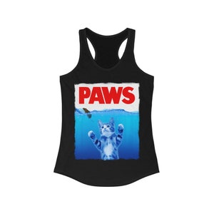 May include: Black tank top with a graphic of a cat with its paws up in the water, with a mouse swimming above it. The graphic is in a white rectangle with the word "PAWS" in red letters above the cat.