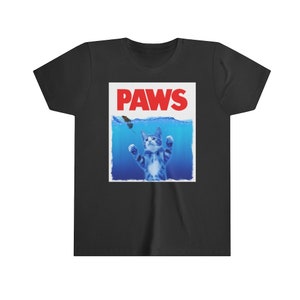 May include: Black t-shirt with a white graphic of a cat in blue water with the text "PAWS" in red letters.