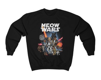 May include: Black sweatshirt with a graphic of cats dressed as Star Wars characters. The text "MEOW WARS" is printed in white above the graphic.