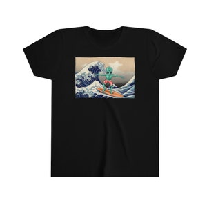 Kids Funny Alien Tshirt, Girls Funny Art Shirt, Boys Alien Surfing Tshirt, Alien Lover Gifts, Funny Art Apparel