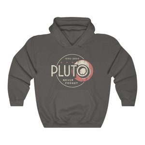 May include: A dark gray hooded sweatshirt with a vintage-style graphic of Pluto, a planet, with the text "1930-2005" and "Pluto Never Forget".