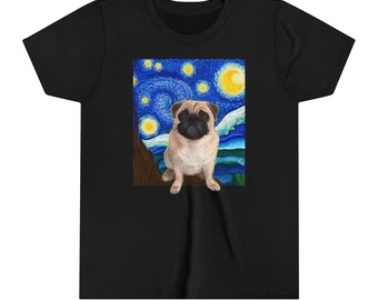 Kids Funny Pug Shirt, Boys Dog Lover Tee, Starry Night Dog Tshirt, Girls Pug Tee, Funny Dog Lover Gift