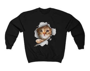 Cat Sweatshirt, Orange Cat Tearing Through Paper Sweatshirt, Cat Lover Gift, Kitten Sweater, Adult Unisex Cat Sweatshirt