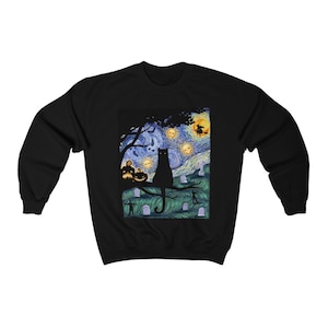 Spooky Night Cat Sweatshirt, Cat Lover Sweater, Starry Night Halloween Sweatshirt, Cat Halloween Gift
