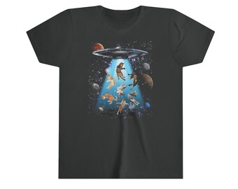 Kids Funny Cat Shirt, Cat UFO Tshirt, Kitten UFO Tee Shirt, Funny Cat Alien T-Shirt, Cats Unisex Kids Tees, Kids Cat Gift