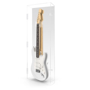 May include: A white electric guitar with a maple neck and chrome hardware is displayed in a clear acrylic case.