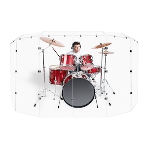 May include: A clear acrylic drum shield with a drummer playing a red drum set inside. The shield is made of multiple panels that are connected together.