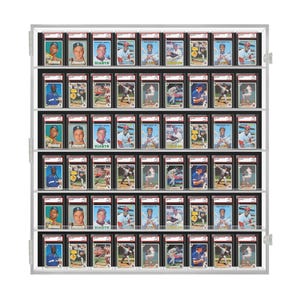 May include: A clear acrylic display case with six shelves, each holding rows of baseball cards in protective plastic sleeves. The cards feature various baseball players, including some wearing Giants uniforms.