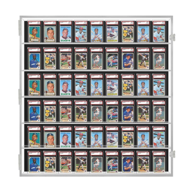 May include: A clear acrylic display case with six shelves, each holding rows of baseball cards in protective plastic sleeves. The cards feature various baseball players, including some wearing Giants uniforms.