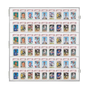 May include: A clear acrylic display case with five shelves for storing baseball cards. The case is filled with baseball cards featuring various players and teams. The cards are in protective plastic sleeves.