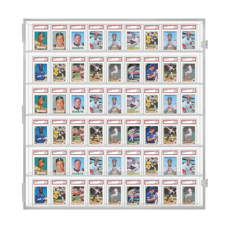 May include: A clear acrylic display case with five shelves for storing baseball cards. The case is filled with baseball cards featuring various players and teams. The cards are in protective plastic sleeves.