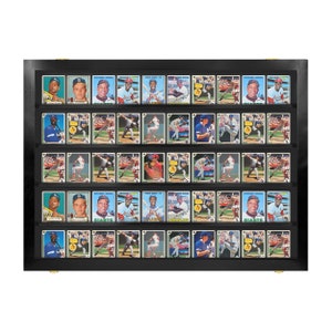 May include: A black display case filled with vintage baseball cards. The cards are arranged in rows and columns, showcasing various players in action poses. The case has a wooden frame and gold-colored hinges.