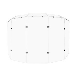May include: A clear acrylic sneeze guard with eight panels, designed to create a protective barrier around a workspace or desk.
