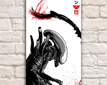 May include: A black and white illustration of an alien creature with a red splatter background. The Japanese text "エイリアン" (Alien) is written in red on the right side of the image.