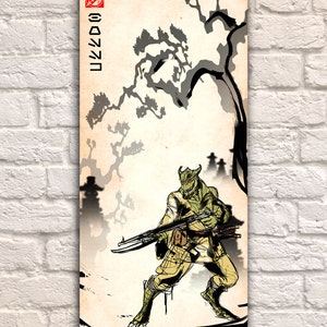 May include: A green, reptilian creature with horns and a weapon stands in a Japanese-inspired setting. The creature is wearing a brown and white outfit and holding a rifle. The background features a stylized tree and a pagoda.