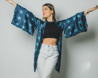 Medium sartorial kimono with blue star pattern - tailored kimono - made in Italy - one size - unique piece - silk kimono