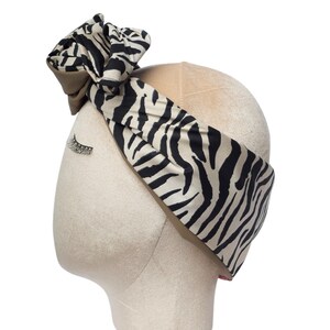 Moldable headband for hair in zebra cotton and brown leather - handmade - ref 1174