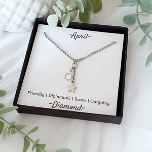 April Birthstone Necklace with Crystal and Star drop in gift box. April Birthday Necklace with crystal drop representing Diamond Birthstone.