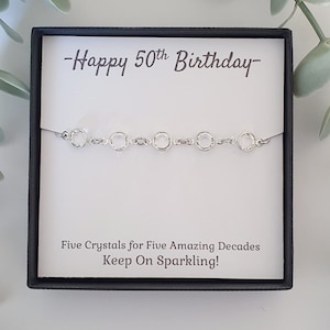 Pulsera de 50 años para mujer en caja de regalo. Pulsera de 50 cumpleaños con cristales de piedra natal. Pulsera de 50 años para mujer.