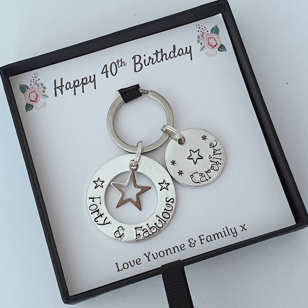 Forty and Fabulous Birthday Keyring in Gift Box. 40th Personalised Birthday Keepsake Keyring Gift