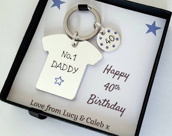 Daddy Birthday Keyring in Gift Box. Dad Keyring Special Age Personalised Birthday Gift. T-shirt Sports Keyring.