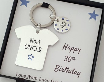 Uncle Birthday Keyring in Gift Box. Special Age Personalised Birthday Gift. T-shirt Sports Keyring.