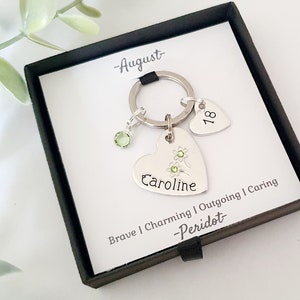 Girls 18th Birthday Keyring Personalised with Name and Birthstone. Eighteen Birthday Keepsake Keyring. Eighteenth gift for her. 18 gift