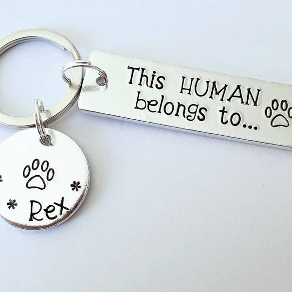This Human Belongs To Keyring, Dog Keychain Gift stamped with This Human Belongs To.. personalise with pets name on circle tag,