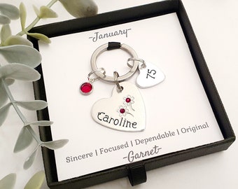 75th Birthday Keyring Personalised with Name and Birthstone. 75th womens Birthday Keepsake Keyring. 75th gift for her. 1949 gift