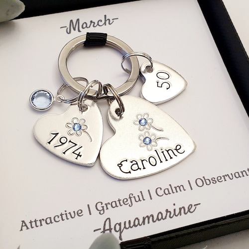 50th Birthday Keyring Personalised with Name and Birthstone. Fifty Birthday Keepsake Keyring. 50th gift for her. 1975 gift