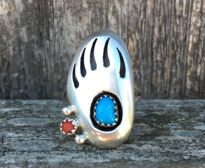 Red Coral Turquoise Size 6 12 Ring. Unisex Native American Bear Paw Design Vintage .925 Sterling Silver Woman/'s