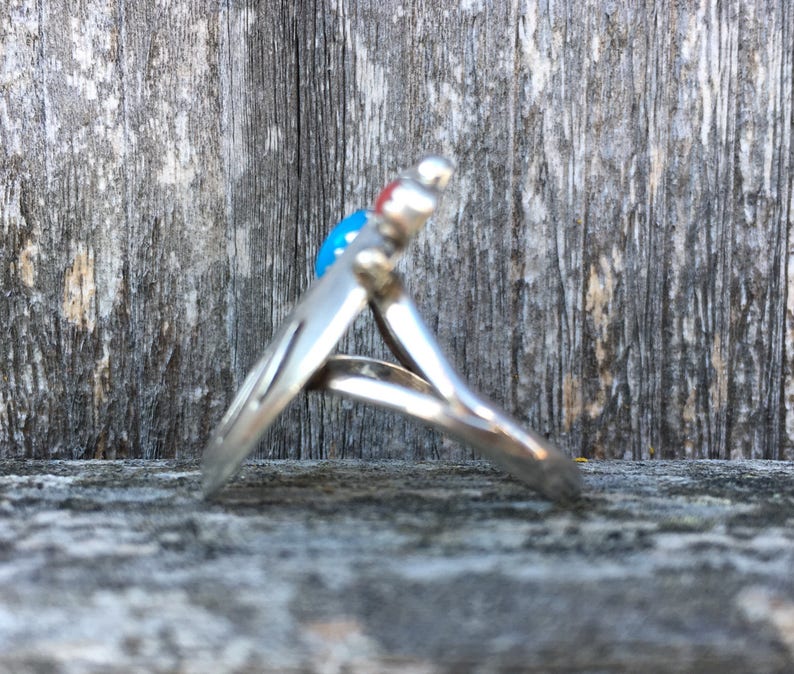 Red Coral Turquoise Size 6 12 Ring. Unisex Native American Bear Paw Design Vintage .925 Sterling Silver Woman/'s