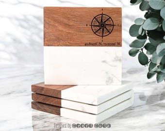 Posavasos de madera de mármol personalizados, regalo de inauguración de la casa, regalo de boda personalizado, regalo de cierre, regalo de casa nueva, inauguración de la casa personalizada, regalo de ubicación