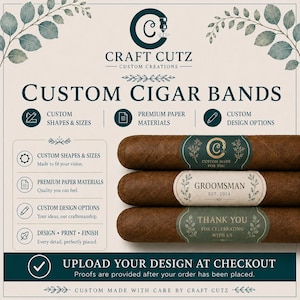 May include: Three brown cigars with custom paper bands featuring dark green and cream colors. The bands display text including 'CUSTOM MADE FOR YOU', 'GROOMSMAN EST. 2024', and 'THANK YOU FOR CELEBRATING WITH US', alongside botanical leaf illustrations.