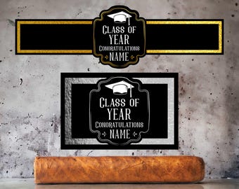 Etiquetas personalizadas para puros de graduación, etiquetas personalizadas para puros de graduación, envolturas para puros de la clase, fiesta temática vintage, anillas para puros, plata y oro