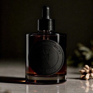 May include: A cylindrical amber glass bottle with a black dropper cap. A circular black label on the front features the text Wild Muse Apothecary, WMA, and 2oz (59ml) Ritual Body Oil. The bottle contains a dark liquid and has a flat base.