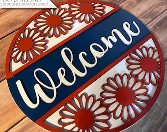 Welcome Daisy Door Round SVG – Versatile Floral Laser Cut File for Spring, Summer, or 4th of July – Digital Download
