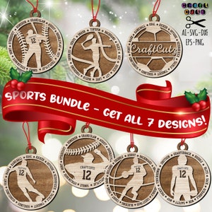 Lot d'ornements sportifs, svg sport, dessins sportifs ronds, fichier laser prêt, boule de Noël