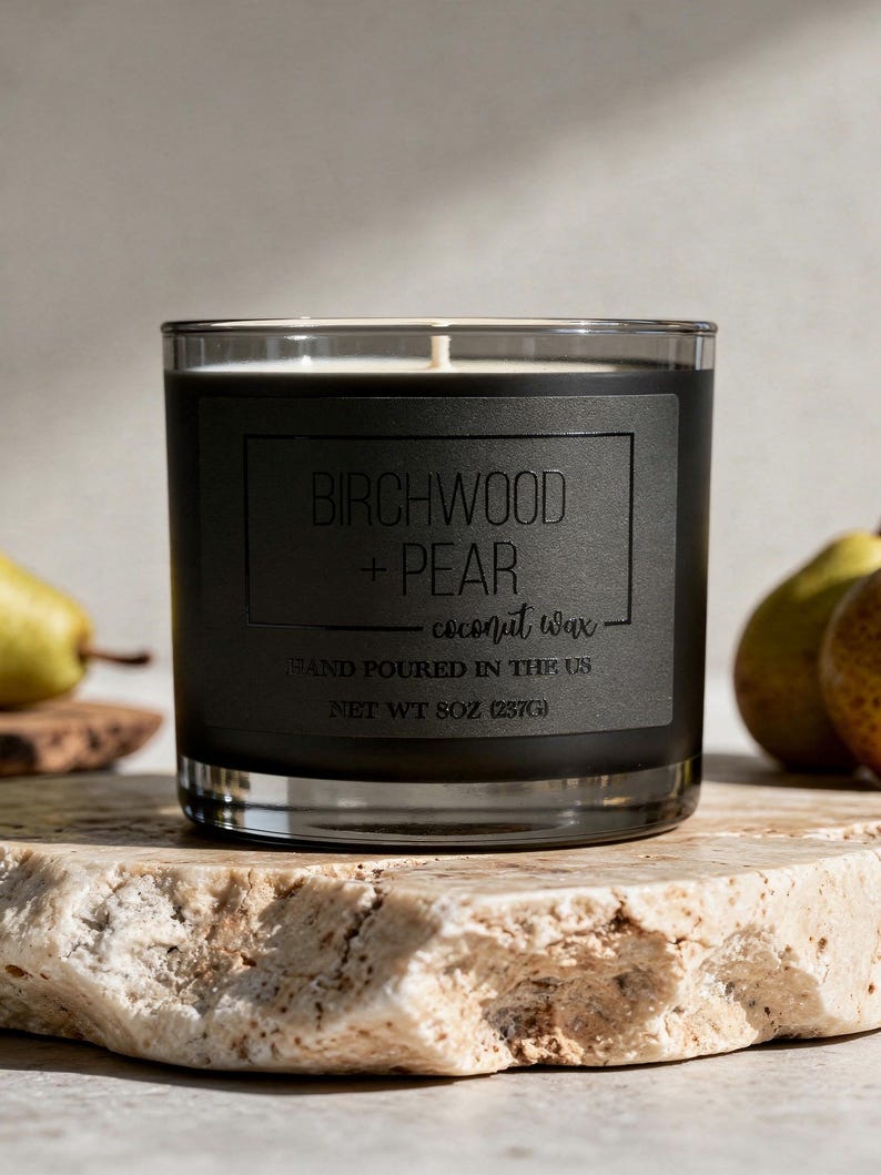 May include: A clear glass candle jar with a matte black label featuring the text BIRCHWOOD + PEAR, coconut wax, HAND POURED IN THE US, and NET WT 8OZ (237G). The candle has a white wax fill and a single centered wick, presented in a cylindrical vessel.