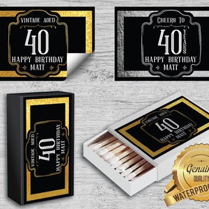Custom Birthday Match Box Labels, Milestone Cigar Labels, 30th, 40th, 50th, Vintage Theme Party, Cigar Bands, Silver & Gold