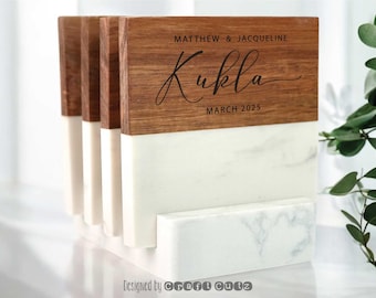 Juego de posavasos personalizados, posavasos de boda, regalos de boda, regalo de inauguración de la casa, posavasos personalizados de madera y mármol, regalo para recién casados