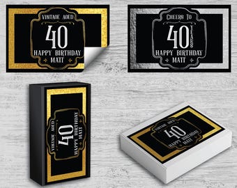 Etiquetas personalizadas para cajas de cerillas de cumpleaños, etiquetas para cigarros de hitos, 30.º, 40.º, 50.º cumpleaños, fiesta temática vintage, anillas para cigarros, plateadas y doradas.