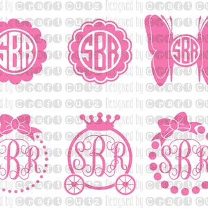 May include: Six pink monogram designs featuring the letters "SBR" in a variety of styles. The designs include a simple circle, a circle with a scalloped edge, a circle with polka dots, a butterfly, a carriage, and a bow.